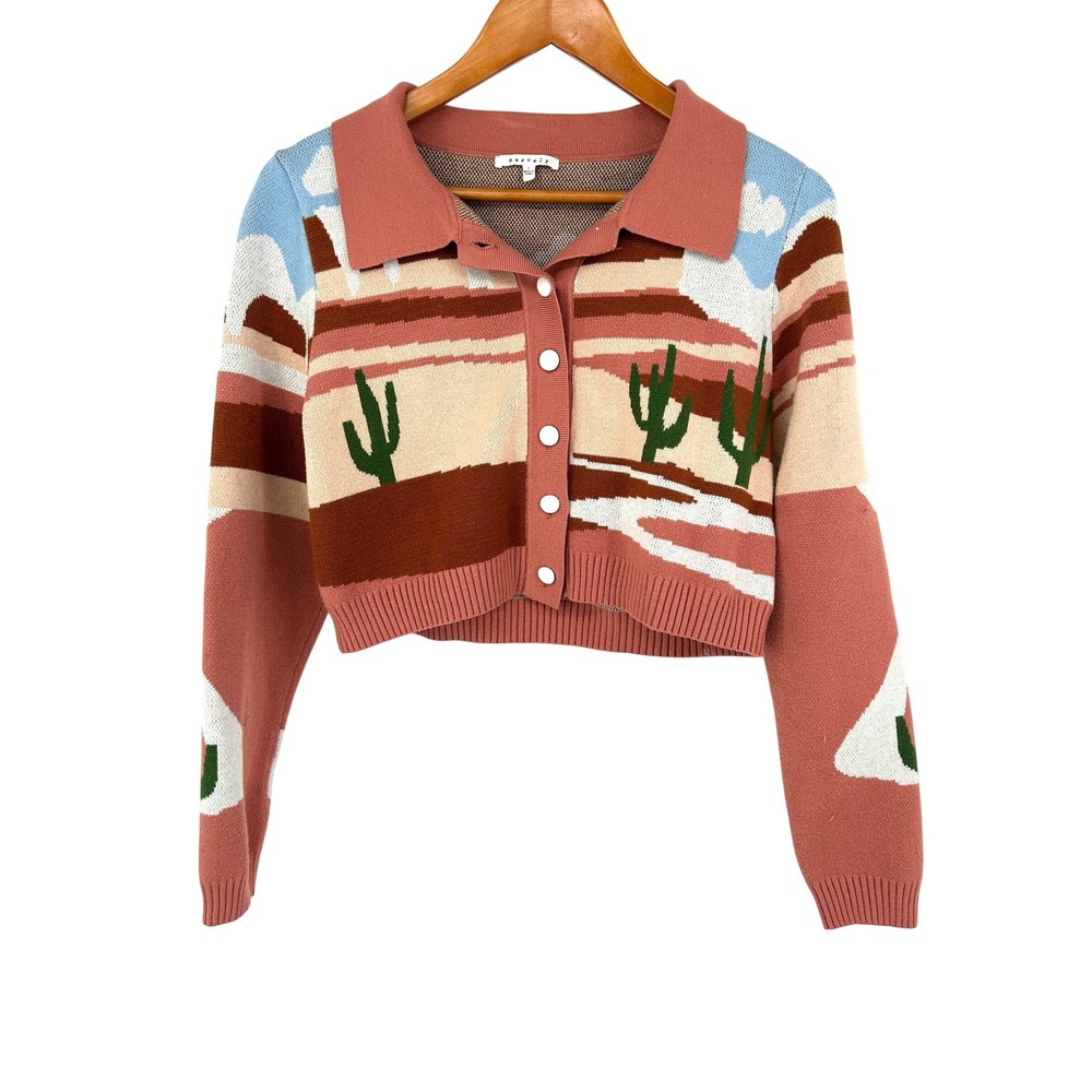 Baevely Desert Landscape Cropped Cardigan Sweater Cactus Polo Collar Terracotta